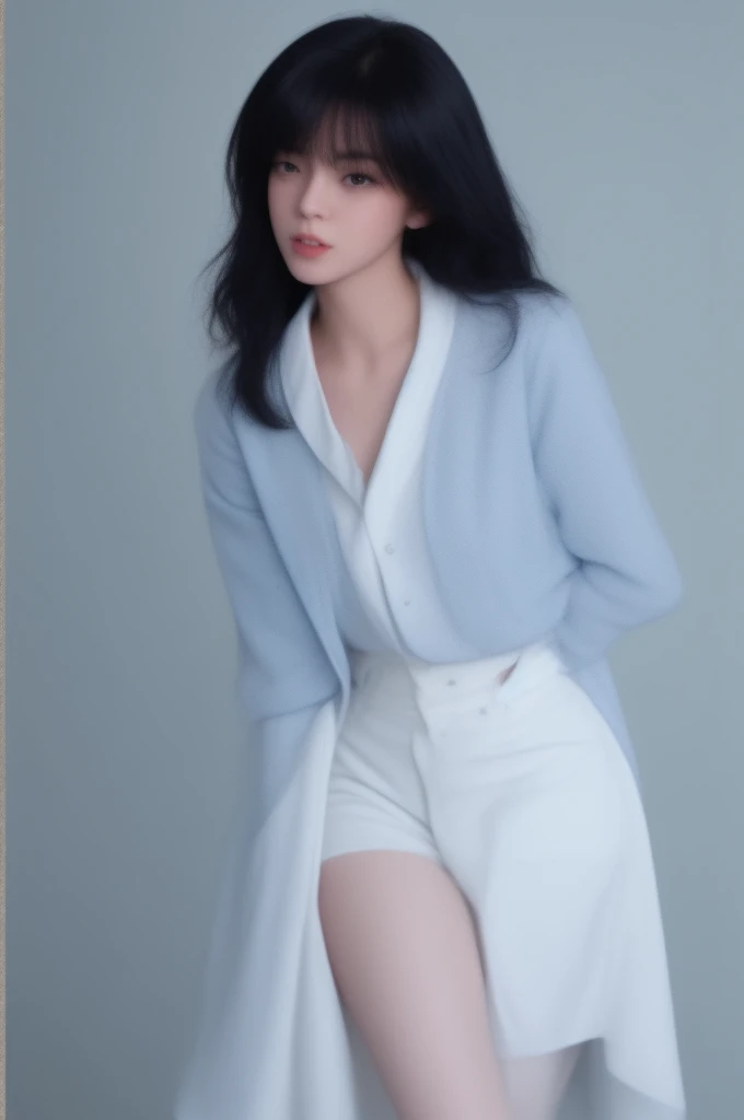 a 20 yo, bob hair, wearing white tshirt and jacket, jeans, soothing tones, muted colors, high contrast, natural skin texture, hyperrealism, soft light, sharp, retro poster as background, Dark Blue. Standing. Closing mouth. Wearing black stocking, Black choker, (White background). 