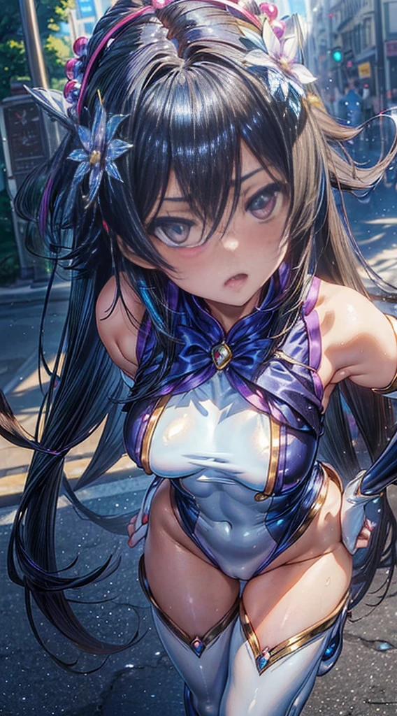 1 Female,Black Hair, ,((Anxious expression)),Beautiful breasts,(((Sexy magical girl white and blue shiny high leg bodysuit)))(())(((Blushing、Surprised expression)),(((Satin Nariko))),((( Portrait))),We have blue eyelashes)))()street,crowd(Magical Girl Hair Ornament)