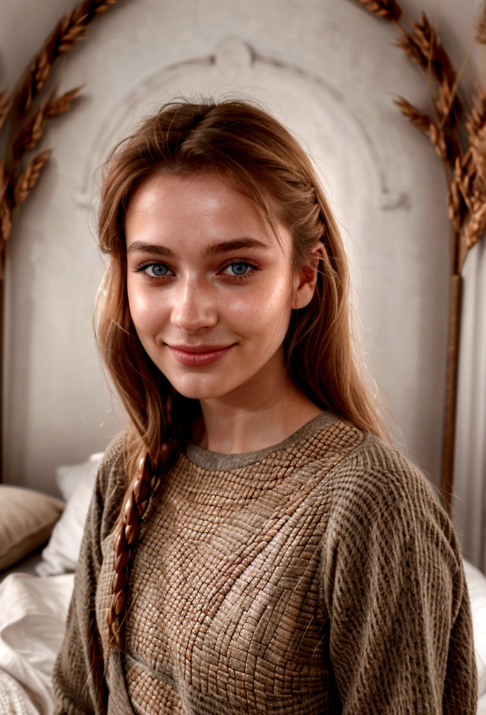 une photo d'une belle fille russe avec une très grosse poitrine de 20 ans sur le lit, seductive smile,(Je ne peux pas voir tes mains), Cinematic light, (sharpness), (Realistic matte skin, peau de texture réaliste, Realistic eyes), (grain de peau visible:1.5), (High quality), Fujifilm XT3, grosse poitrine