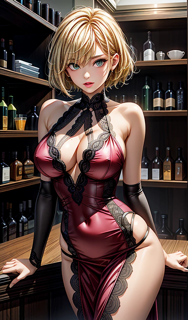 Please follow all prompts below exactly and faithfully. This is a breathtaking masterpiece of digital illustration, with maximum resolution, UHD, 512K, 2160p, 10 million ppi, 300 million dpi, natural color tones, ultra sharp details, perfect outlines with contrast, **most realistic skin and hair textures**, most beautiful detailed eye features, perfect anatomically correct human body, beautiful background with depth, rule of thirds, depth of field, Maximize all element is used to its full potential to create the best digital illustrations,
A very sexy mature elegant slut with a perfect body style, beautiful sharp face, slim figure, gravity defying large breasts, beautiful green eyes (with shiny blonde shaggy cut short hair), bangs covering one eye, glossy sensual very shiny thick lips and striking pink lipstick,
She is standing at the bar in a seductive pose wearing a shiny red bodycon dress with intricately designed lace and see-through pelvic curtains,