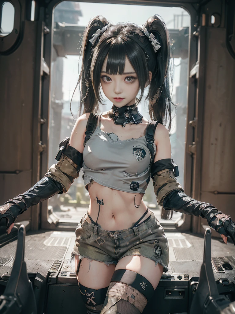 (Full Body View:1.5)、(Side view:1.0)、(Please smile with your teeth showing:1.3),(Shibuya Gal:1.5)、(Gothic Lolita style fashion:1.5)、(Tattered khaki and gray futuristic micro high leg bodysuit:1.5)、(Tattered Khakis and White Micro Fancy Sleeves:1.5)、(Tattered khaki micro shorts:1.5)、(Brown and khaki knee socks:1.3)、(camouflage:1.3)、(Military jacket:1.4)、Brown boots、Khaki gloves、internal、(The underwear is striped:1.4)、23 years old、(do a gravure pose:1.3)、((Highest quality、8K、masterpiece:1.3))、One girl、The beauty of slim abs:1.3、(Hairstyle Casual、Big Tits:1.1)、dress:1.1、Super small face、Narrow eyes、double eyelid、Laughter、Esbian all over、Dynamic Angle、Close-up、CPL Filter、Blurred Background、Bokeh、Blue Hour、Detailed face and skin texture、Detailed Eyes,(Twin tails:1.3)、(Black brown hair:1.4)、Gravure idol pose、(The background is the cockpit of the battlefield:1.3)、(The body is slim:1.2),(Slim legs:1.4),(clavicle:1.1)