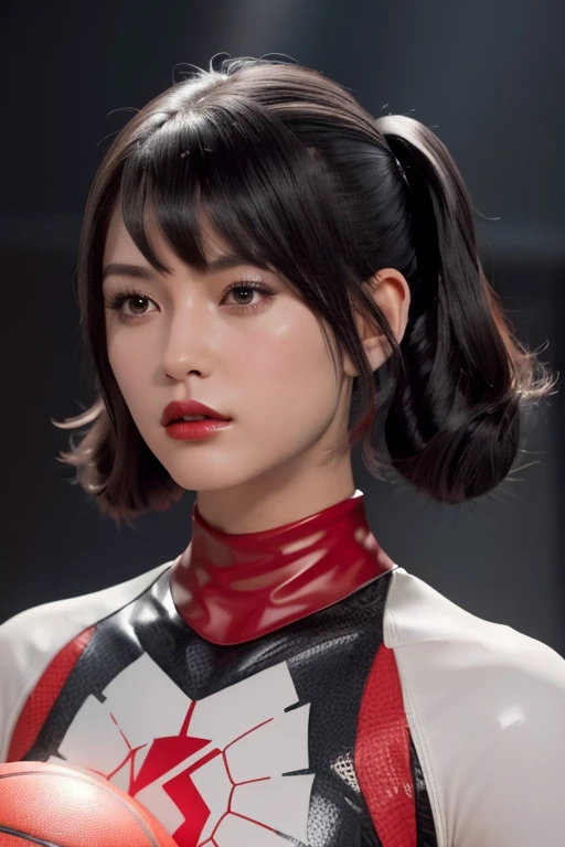 woman in a red matte outfit holding a basketball, futuristic matte suit, back view. red body suit, pigtails and bangs hairstyle, pigtails, glossy hair, 4k, high resolution, rim light, realistic, young angry woman, promo shot, 4k, realistic, rim light, high resolution, shiny hair with pigtails and bangs, Her outfit shines under the spotlight. Her hair impeccably styled, with a glossy finish that adds to her charm. The subtle rim light highlights the contours of her figure, adding depth and dimension to the composition. This artwork combines the elements of a matte costume, beautiful hair, high-resolution image, realistic rendering, dark background, and rim light.