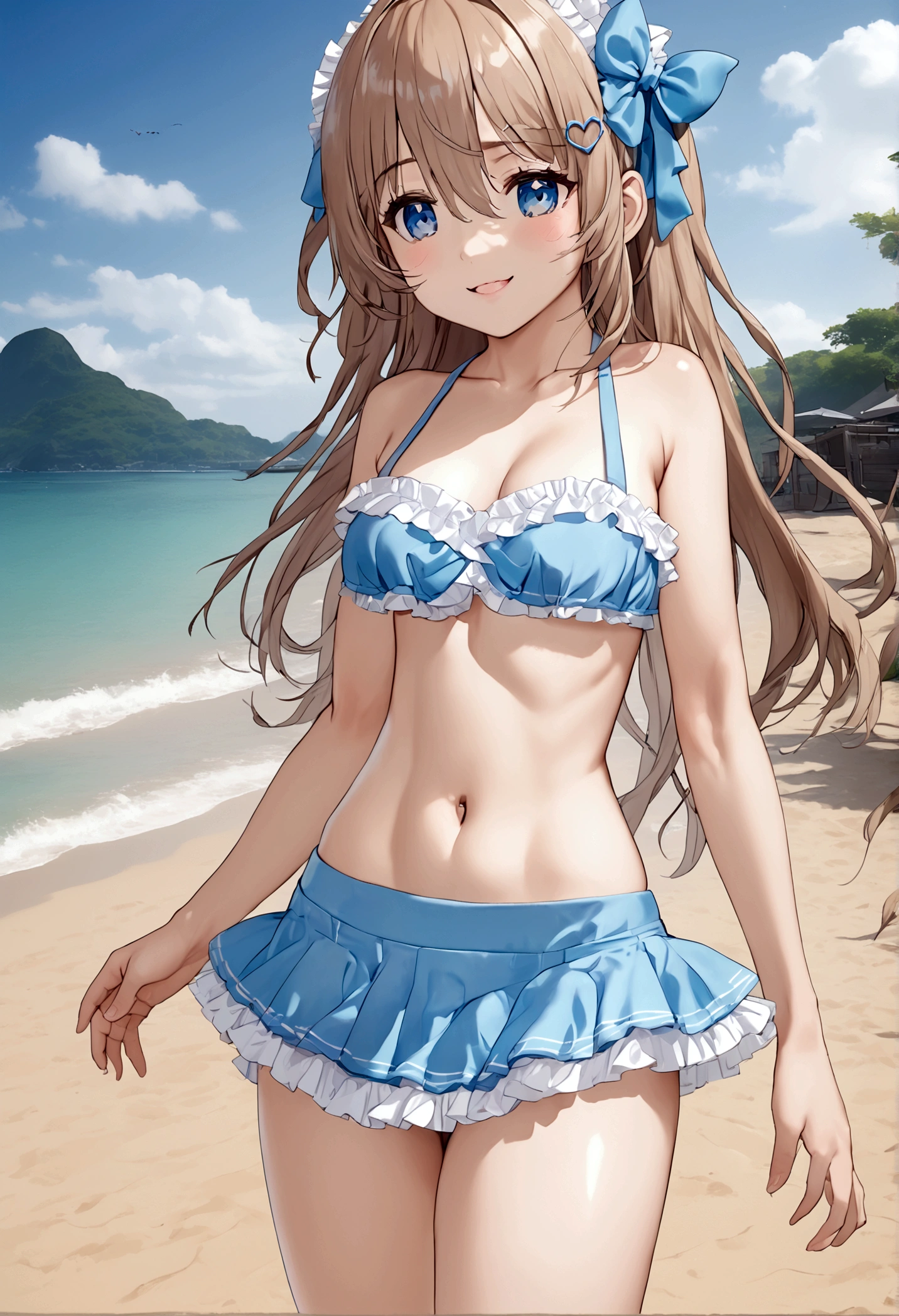 (masterpiece), (ultra-detailed), best quality, 8k,neuro-sama,flat chest,fullbody,frilly bikini skirt, blue bikini,frilly bikini top,standing straight,toned stomach,beach,smiling,1girl