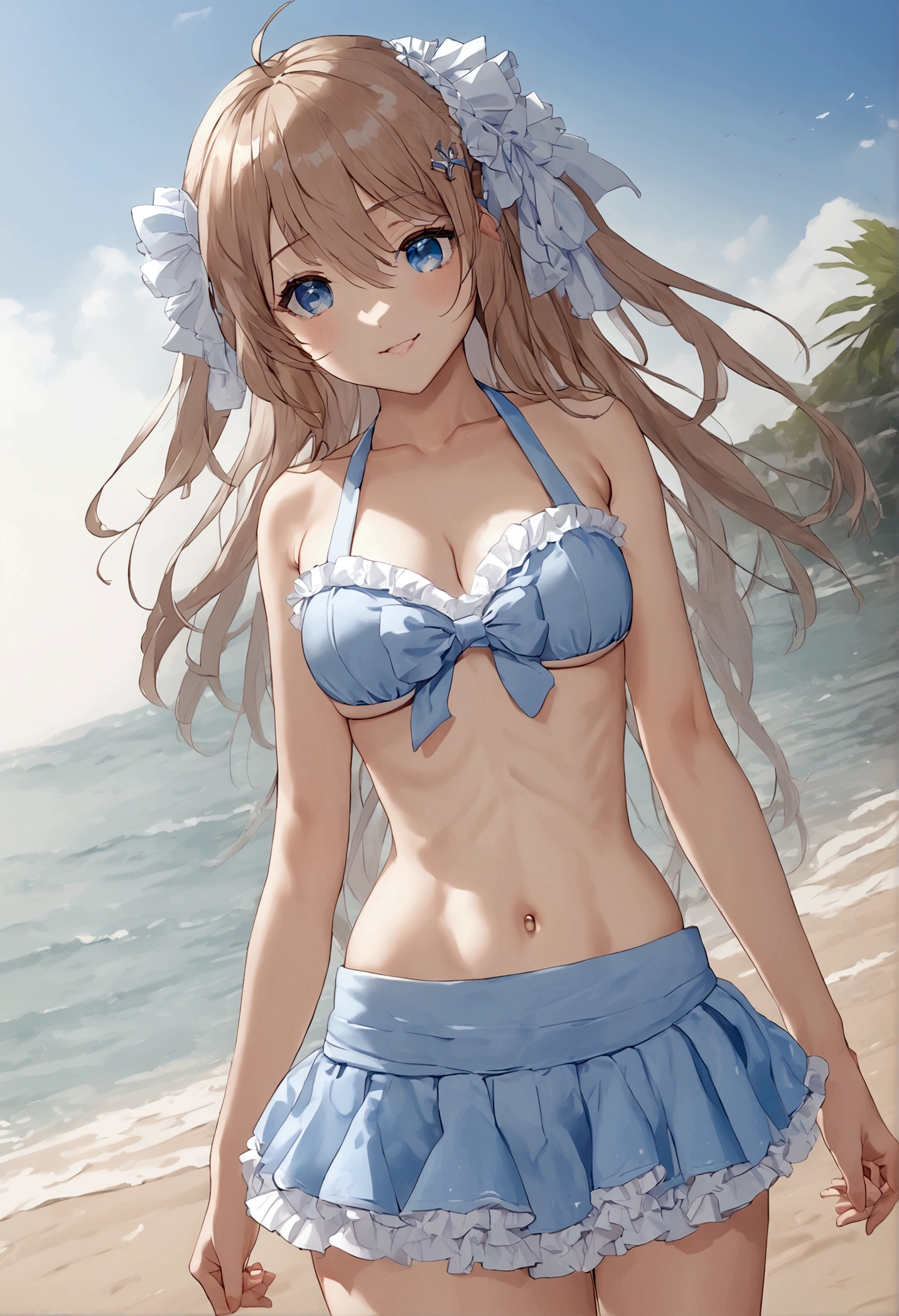 (masterpiece), (ultra-detailed), best quality, 8k,neuro-sama,flat chest,fullbody,frilly bikini skirt, blue bikini,frilly bikini top,standing straight,toned stomach,beach,smiling,1girl