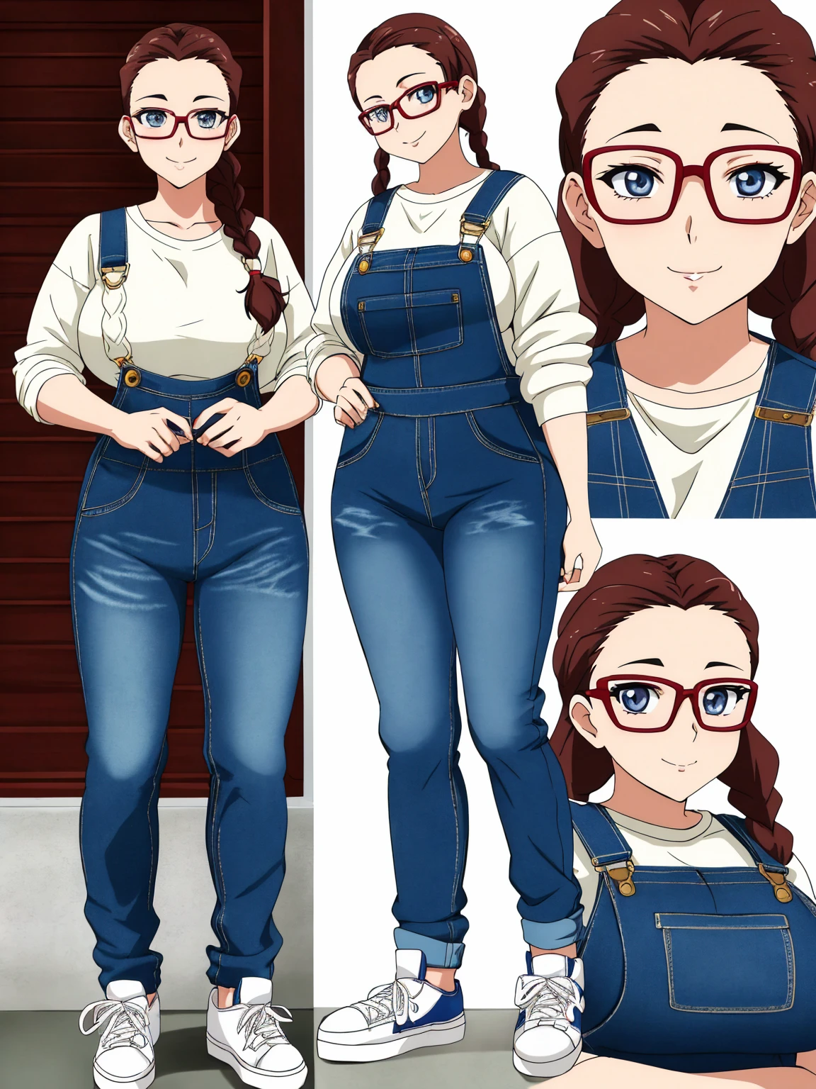 Anime Women、Highest quality:1.2),Detailed face, Lady、Glasses、Braid、Forehead、Big Breasts, Big Ass, Denim overalls、sweater、sneakers、whole body