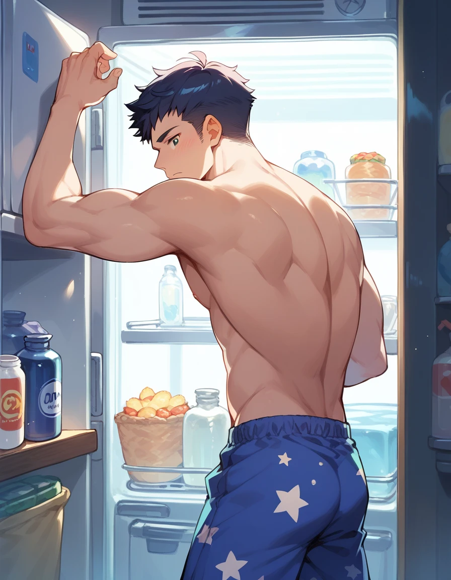 (score_9,score_8_up,score_7_up,score_6_up,score_5_up,score_4_up), best quality, best lighting, high-definition background, 1 boy is 16 yo, muscled, wear pajamas, ((midnight)), looking for food in a refrigerator, sleepy, dim