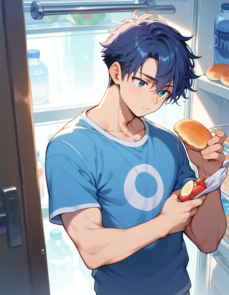 (score_9,score_8_up,score_7_up,score_6_up,score_5_up,score_4_up), best quality, best lighting, high-definition background, 1 boy is 16 yo, muscled, wear pajamas, ((midnight)), looking for food in a refrigerator, sleepy, dim