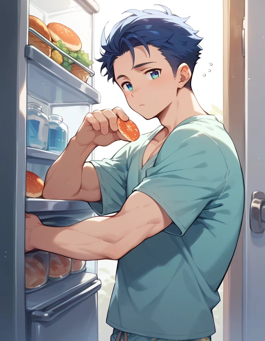 (score_9,score_8_up,score_7_up,score_6_up,score_5_up,score_4_up), best quality, best lighting, high-definition background, 1 boy is 16 yo, muscled, wear pajamas, ((midnight)), looking for food in a refrigerator, sleepy, dim