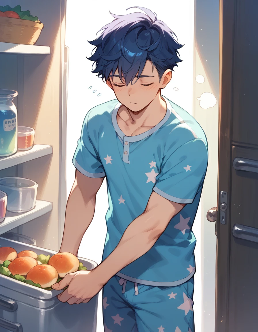 (score_9,score_8_up,score_7_up,score_6_up,score_5_up,score_4_up), best quality, best lighting, high-definition background, 1 boy is 16 yo, muscled, wear pajamas, ((midnight)), looking for food in a refrigerator, sleepy, dim