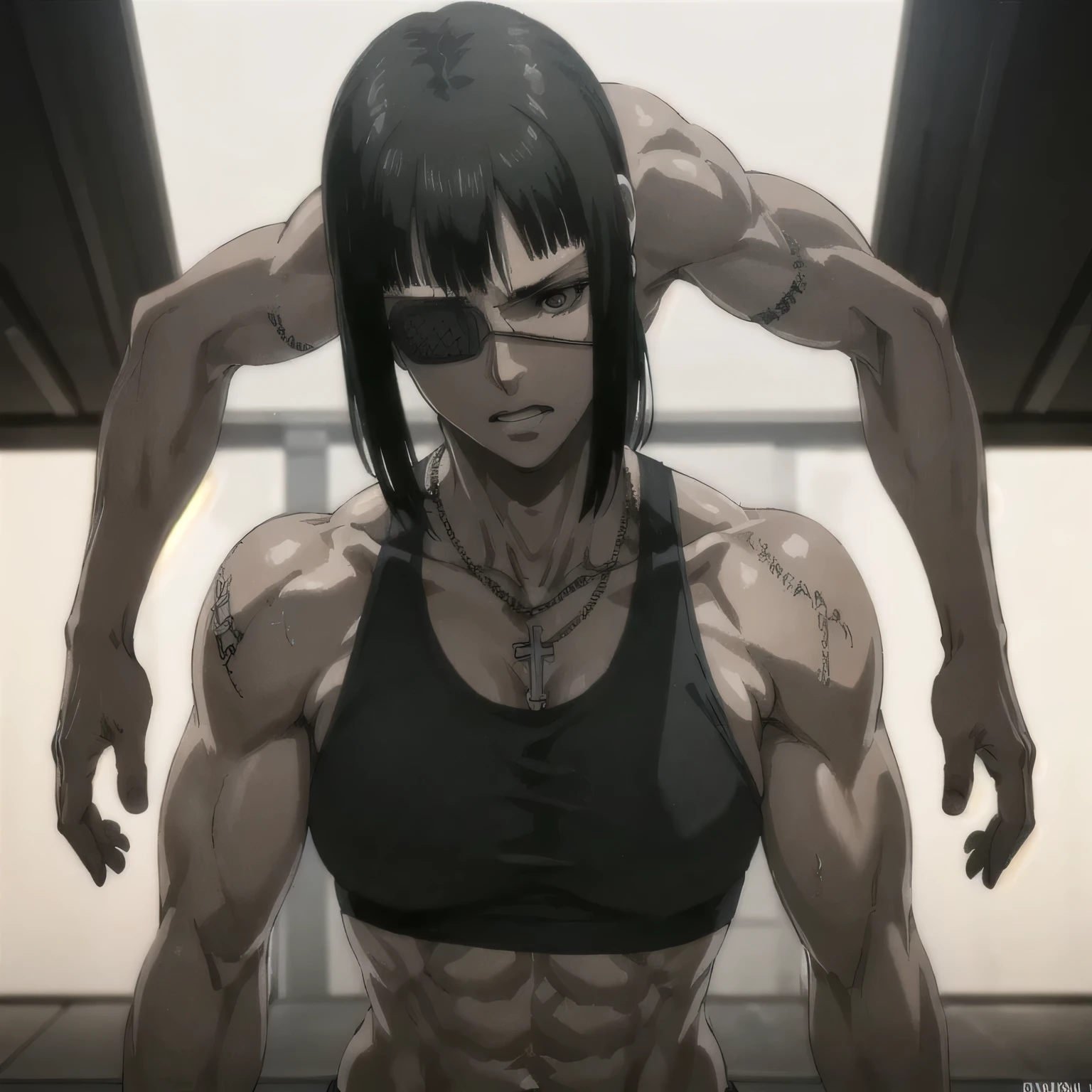 (best quality,ultra-detailed,realistic:1.37),musclaur badass girl with sculpted body with preview her musclaur body and six-pack, full review of the female character's face and body, intense expression,studio lighting, vivid colors, physiologically-based rendering, grungy texture, rugged background, dust particles in the air, commanding presence, professional, powerful, gritty aesthetics,,Valmet،short hair،tattoos on shoulders,,Shining muscles, muscle protrusion,wearing military male black Rubber underwear and midriff tank top,necklace,Valmet have a sex muscles,eyepatch,penis,wet body,wet clothes,white skin,water dropped on body,Shining skin,in military base,training in combat arena,Valmet only,sexy six-pack,sexy penis inside underwear,penisQuiron,penis growth inside underwear,sexy muscles,fighting position training