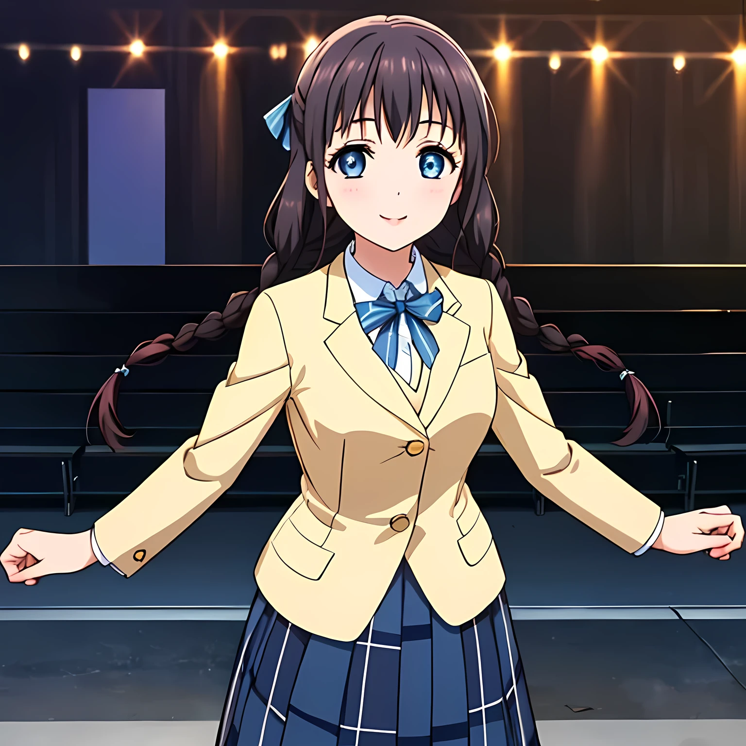 (highest quality, masterpiece:1.2), highest quality, High resolution, 1080p, 8K, Height: 158cm, ((High-definition game CG)), ((Like a beautiful girl dreaming of a game heroine、A very intelligent, very noble, pretty and pure beautiful girl.、With the best smile、Inviting the audience to dance)), He tries to hide his shocked mouth with his hands., A face that everyone loves, Glossy lips, Even bangs, ((Very beautiful blue eyes)), The very large red shiny wide ribbon bowtie is very cute., ((Black Hair)), ((long twin braids)), (((A long, neat, dark navy blue checked pleated skirt))), (((Dark blue winter long sleeve blazer))), How to wear a neat uniform, Extremely lustrous, shiny game heroine lips, Mouth open, Ribbon in hair, Tight waist, slender, The ribbon is big and very pretty., Beautiful hair like a hair model, The background is a pitch black space, Long skirt