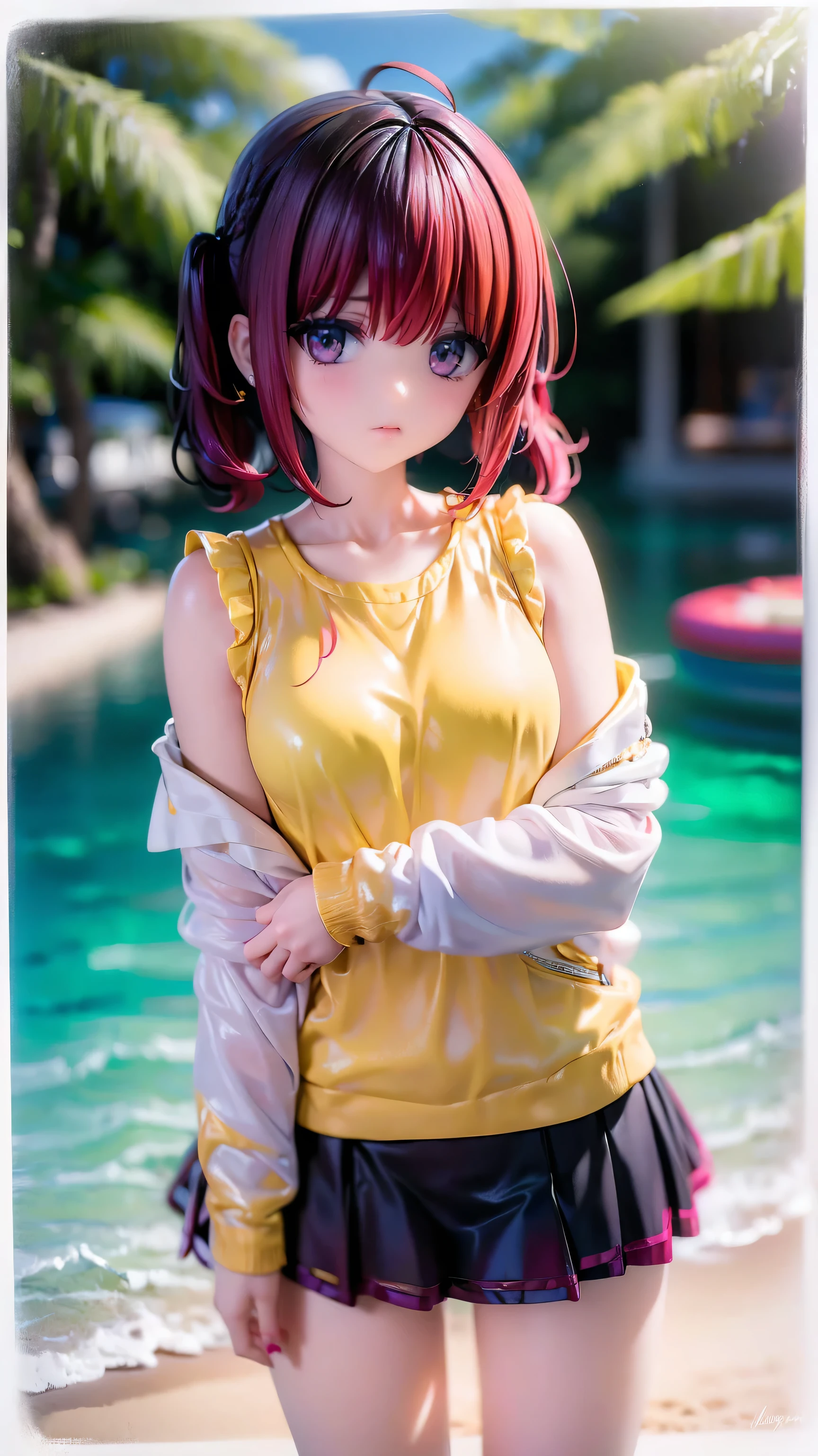 (Meyrin_Hawk)、(Fluffy side twin tails)、(Yellow Summer Sweater)、(Black mini skirt)、A little small, normal chest、