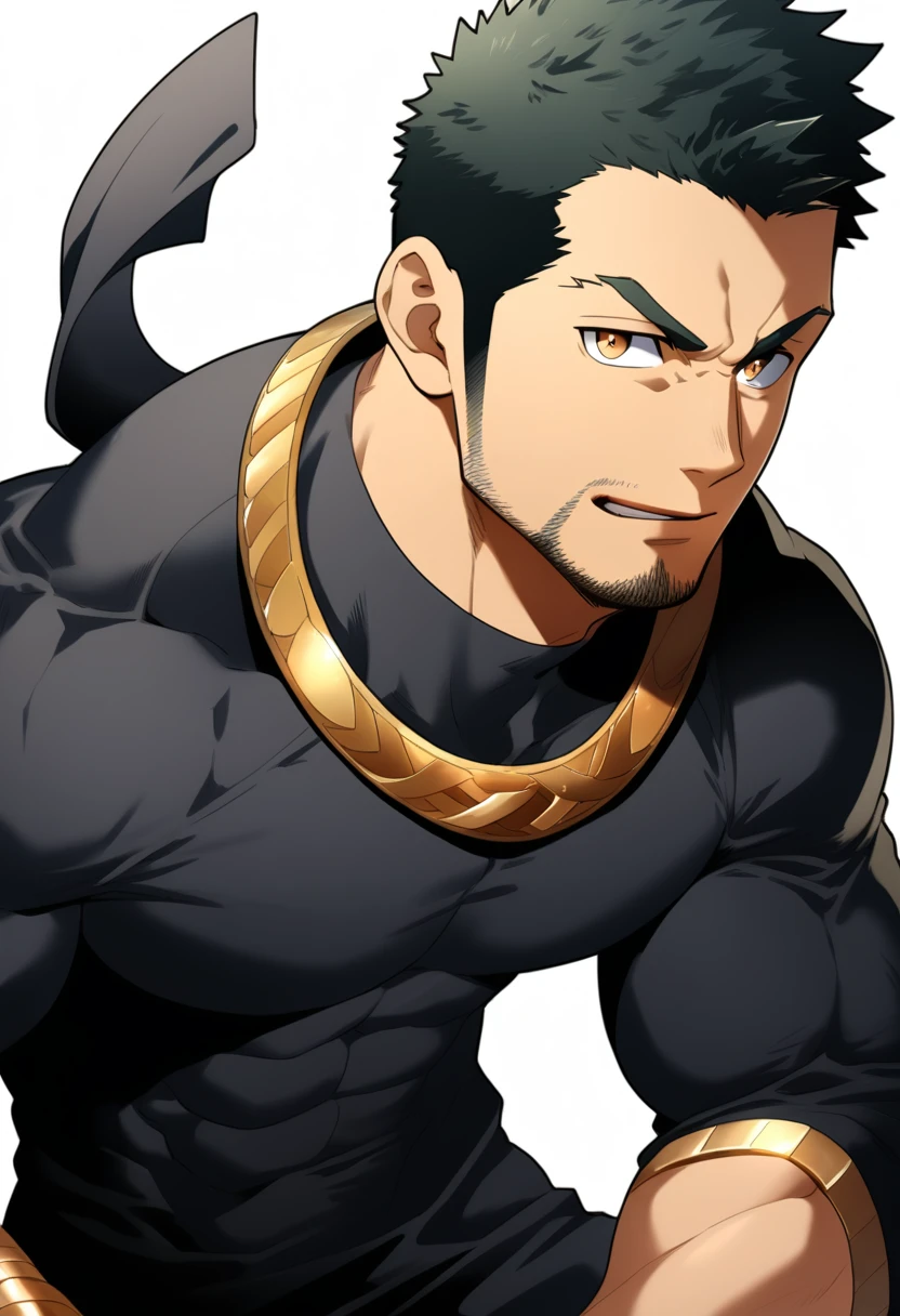 one negro, anime characters：Gyee, Priapus, 1 muscle man, negro black skin, Very Black, muscular tough guy, Manliness, male focus, Grey long sleeve turtleneck tight t-shirt, ery tight, muscular male, muscular, only, Upper body, alone, Black short hair, Thick eyebrows, stubble, Brown eyes, White background, simple background, amazing quality, best aesthetics, Ridiculous, bright pupils, crew cut, parted lips, v-shaped eyebrows, jitome, best quality