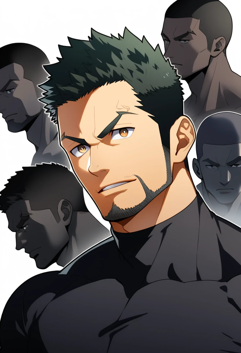 one negro, anime characters：Gyee, Priapus, 1 muscle man, negro black skin, Very Black, muscular tough guy, Manliness, male focus, Grey long sleeve turtleneck tight t-shirt, ery tight, muscular male, muscular, only, Upper body, alone, Black short hair, Thick eyebrows, stubble, Brown eyes, White background, simple background, amazing quality, best aesthetics, Ridiculous, bright pupils, crew cut, parted lips, v-shaped eyebrows, jitome, best quality