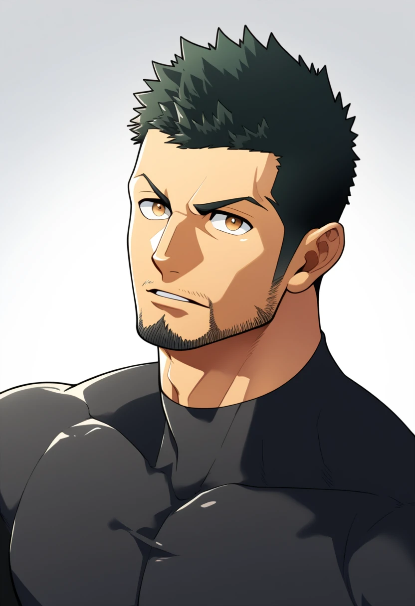 one negro, anime characters：Gyee, Priapus, 1 muscle man, negro black skin, Very Black, muscular tough guy, Manliness, male focus, Grey long sleeve turtleneck tight t-shirt, ery tight, muscular male, muscular, only, Upper body, alone, Black short hair, Thick eyebrows, stubble, Brown eyes, White background, simple background, amazing quality, best aesthetics, Ridiculous, bright pupils, crew cut, parted lips, v-shaped eyebrows, jitome, best quality