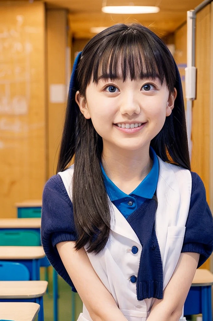 at school, Primary school students, upper body, big eyes, (arms behind back:1.1), make up:1.3