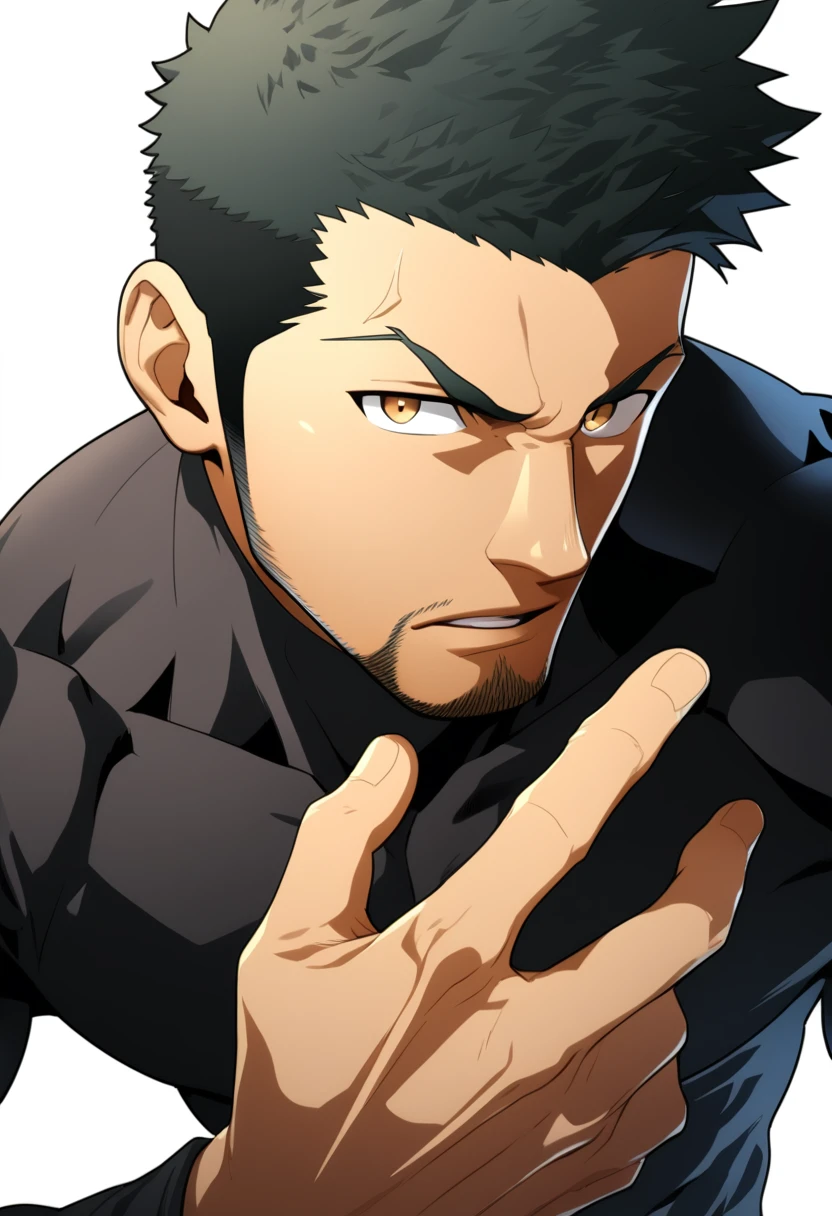 one negro, anime characters：Gyee, Priapus, 1 muscle man, negro black skin, Very Black, muscular tough guy, Manliness, male focus, Grey long sleeve turtleneck tight t-shirt, ery tight, muscular male, muscular, only, Upper body, alone, Black short hair, Thick eyebrows, stubble, Brown eyes, White background, simple background, amazing quality, best aesthetics, Ridiculous, bright pupils, crew cut, parted lips, v-shaped eyebrows, jitome, best quality