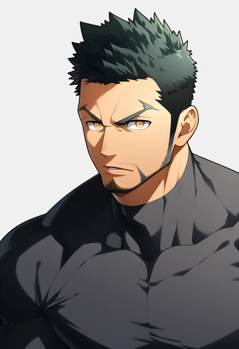 one negro, anime characters:Gyee, Priapus, 1 muscle man, negro black skin, Very Black, muscular tough guy, Manliness, male focus, Grey long sleeve turtleneck tight t-shirt, ery tight, muscular male, muscular, only, Upper body, alone, Black short hair, Thick eyebrows, stubble, Brown eyes, White background, simple background, amazing quality, best aesthetics, Ridiculous, bright pupils, crew cut, parted lips, v-shaped eyebrows, jitome, best quality