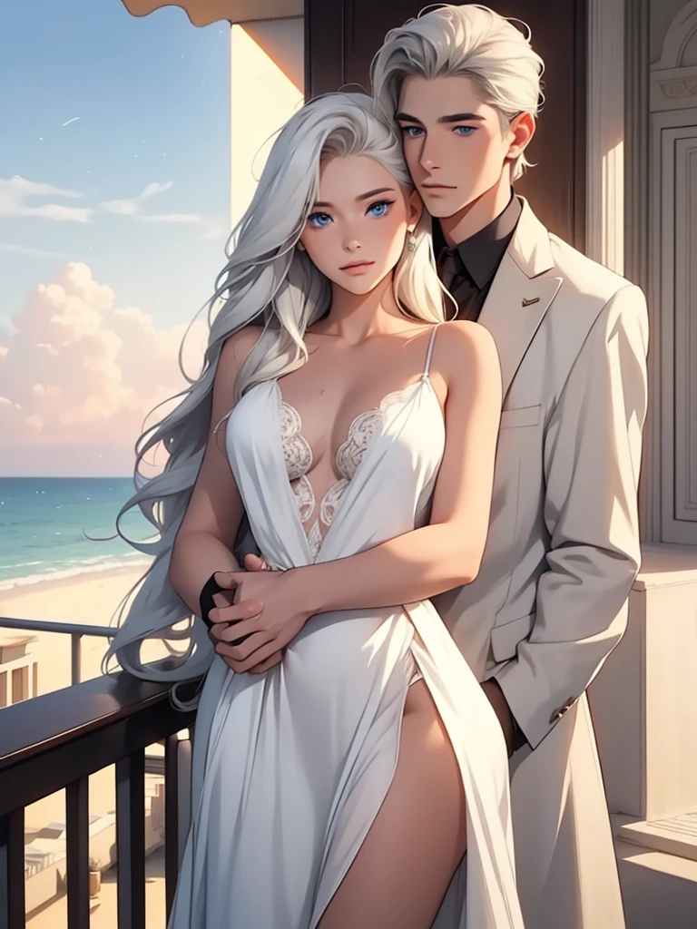 Early morning, sunrise, light breeze, on the balcony of a luxury hotel there is an Incredibly beautiful young femme fatale blonde with blue eyes, long golden hair, she is wearing a beautiful silk lace negligee, a romantic image, she is hugged by a tall statuesque manly young man-platinum blonde, he has tanned skin, blue eyes, long straight hair platinum hair, he's wearing only light trousers. They are in love with each other. Sunrise. the ocean breeze. Masterpiece, beautiful face, beautiful facial features, perfect image, realistic photos, full-length image, 8k, detailed image, extremely detailed illustration, a real masterpiece of the highest quality, with careful drawing. glow. In full growth.