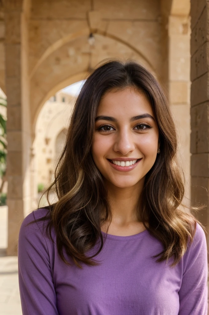 24YO,one attractive Jordanian women, purple shirt,  cute smile, white teethes, skinny face, light brown eyes, small nose, black/blonde long hair