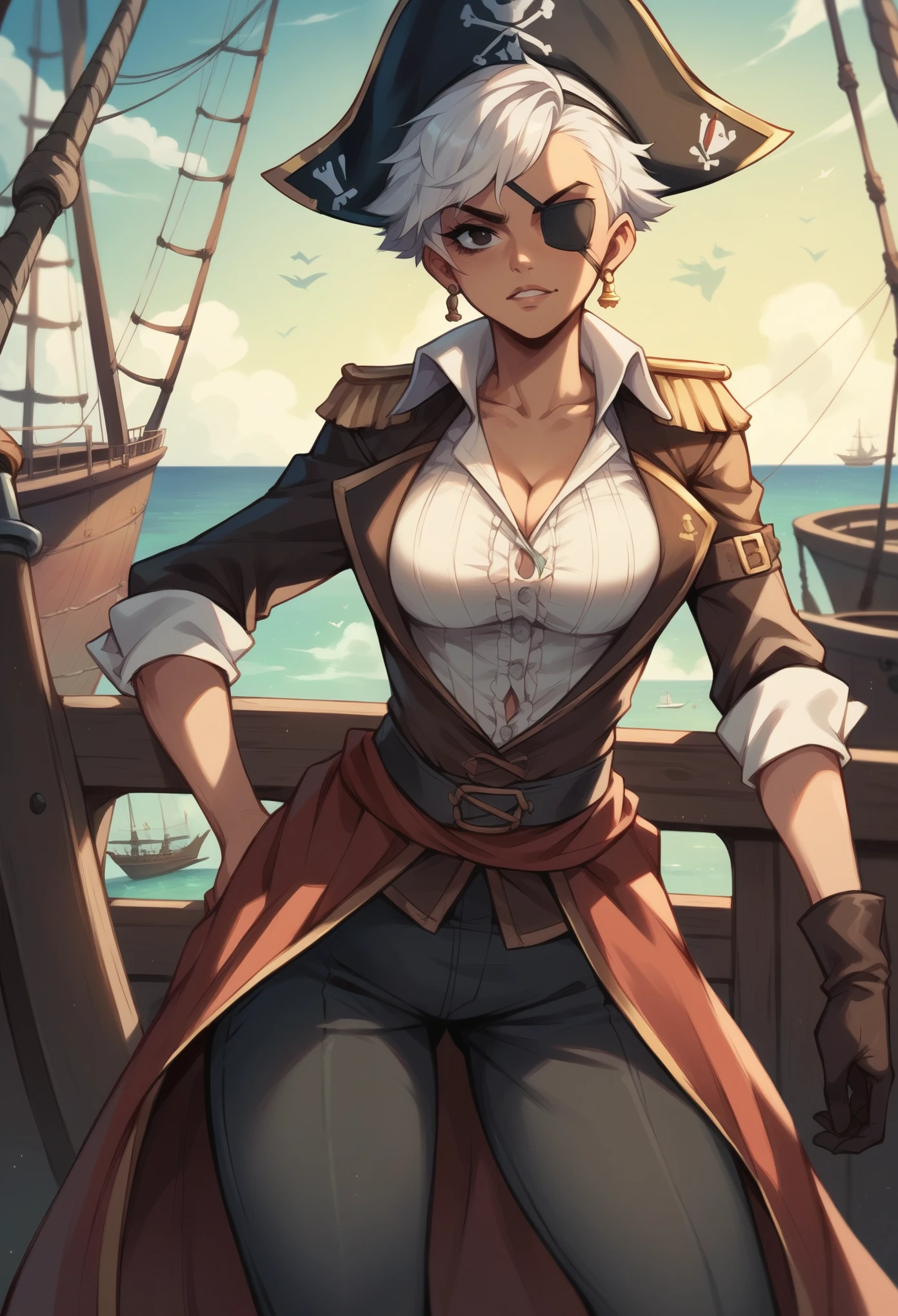 A female pirate with short silver hair, With a black eye patch, Stand at the bow of the pirate ship