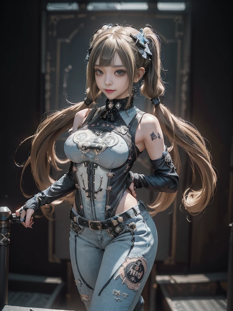 (Full Body View:1.4)、(Full body:1.3)、(Smiling with teeth showing:1.3),(Shibuya Gal:1.5)、(Gothic Lolita style fashion:1.5)、(Punk RockVisual Kei:1.5)、(Wearing a rhythmic gymnastics bodysuit with intricate details:1.4)、(Racing suit and pants with intricate decorations in white, denim and charcoal:1.5)、(Denim and light blue and white boots:1.3)、((belt))、(Numerous delicate logo marks all over the costume:1.4)、(collar:1.3)、(Polka dot underwear:1.5)、20-year-old、NSFW、((Highest quality、In 8K、masterpiece:1.3))、Sharp focus:1.2、(Layered Cut、Huge boobs:1.1),Beautiful woman with perfect figure:1.4、(do a gravure pose:1.3)、Slender Abs:1.2、Highly detailed face and skin texture、Detailed eyes、double eyelid,(Twin tails:1.3)、(Brown-golden hair:1.3)、Gravure idol、(The background is the stage of the fashion show:1.3)、(Slim body:1.3),(Make your legs thinner:1.4),(clavicle:1.1)