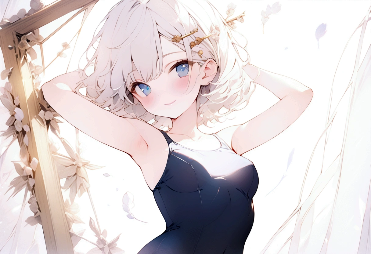 beautiful, masterpiece, Highest quality, anime, One girl, C Cup,Portrait Shot, View your viewers, Intricate details,>,((Covered、Short Hair、nearby、Blue Eyes、art、White hair,Blue streaked hair、wallpaper、silk_White Knee Highs、hairpin、smile、Thighs、、lotion、Lying on your back、Armpit、silk_White school swimsuit