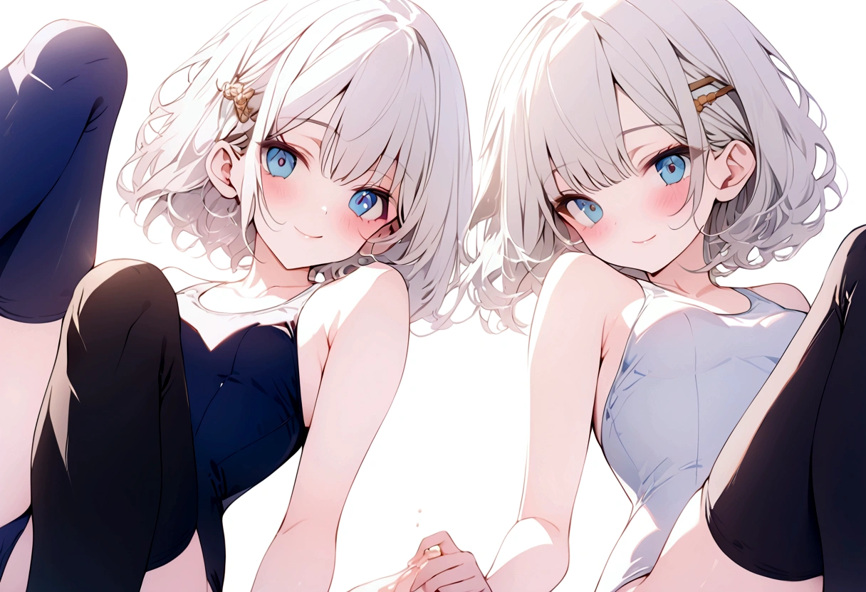 beautiful, masterpiece, Highest quality, anime, One girl, C Cup,Portrait Shot, View your viewers, Intricate details,>,((Covered、Short Hair、nearby、Blue Eyes、art、White hair,Blue streaked hair、wallpaper、silk_White Knee Highs、hairpin、smile、Thighs、、lotion、Lying on your back、Armpit、silk_White school swimsuit