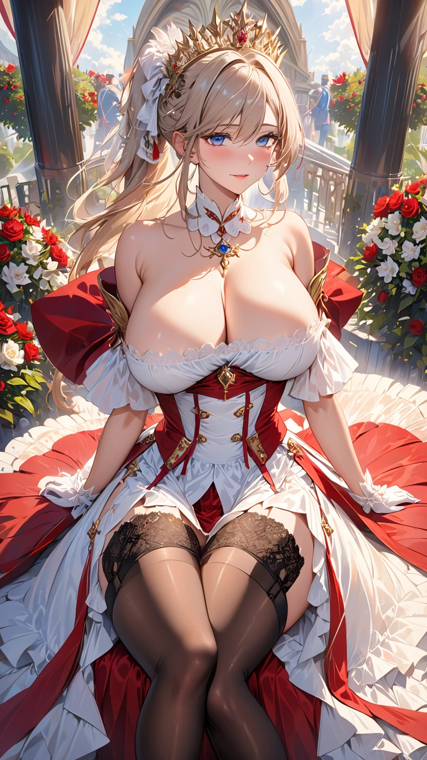 masterpiece:1.4,best-quality,Super Detail,Very Delicate and Beautiful, ((( nsfw, royal woman with spread legs, orgasming, garter belt, garter stocking, royalty dress, public indecency ))), very gigantic breasts, cleavage, very slender, off-shoulder, perfect face, beautiful eyes, sitting