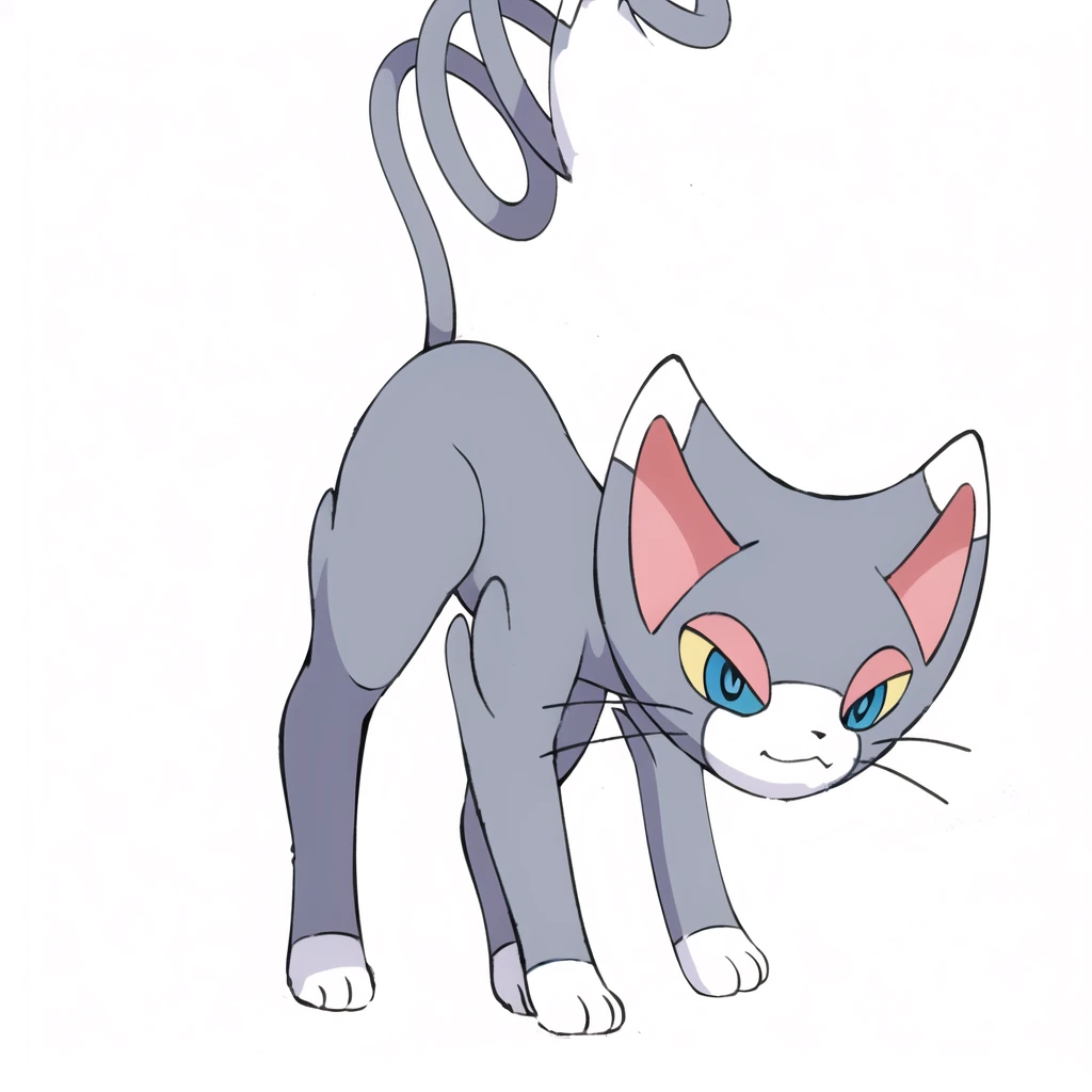 (masterpiece, best quality:1.2),solo,glameow \(pokemon\),pokemon \(creature\),full body,no humans,cat,blue eyes,grey fur,tail,city background,Redraw it in a beautiful anime style with a thin outline、Don&#39;t change the design