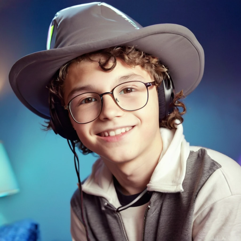 In honor of my son’s birthday. This look like my kid , like so much
Prompt: 15 year old Caucasian boy with brown eyes, brown curly short hair and glasses. wearing long black and white hooded t-shirt, black athletic pants. he is in his bedroom playing Xbox and wearing a headset. he has a birthday balloon and gifts nearby