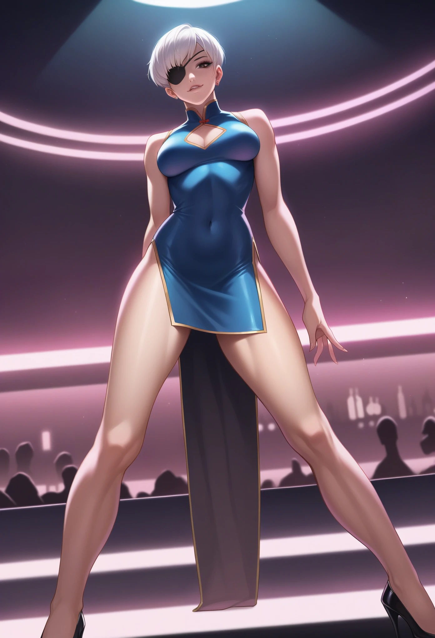 1 sexy girl,white short hair,wearing a black eye-patch, pinup,, low angle, dutch angle, shapely backside, Skin tight cheongsam, high heels, neon, clubbing, nightclub, (masterpiece, 8k, ultra realistic, UHD, best quality:1.2)
