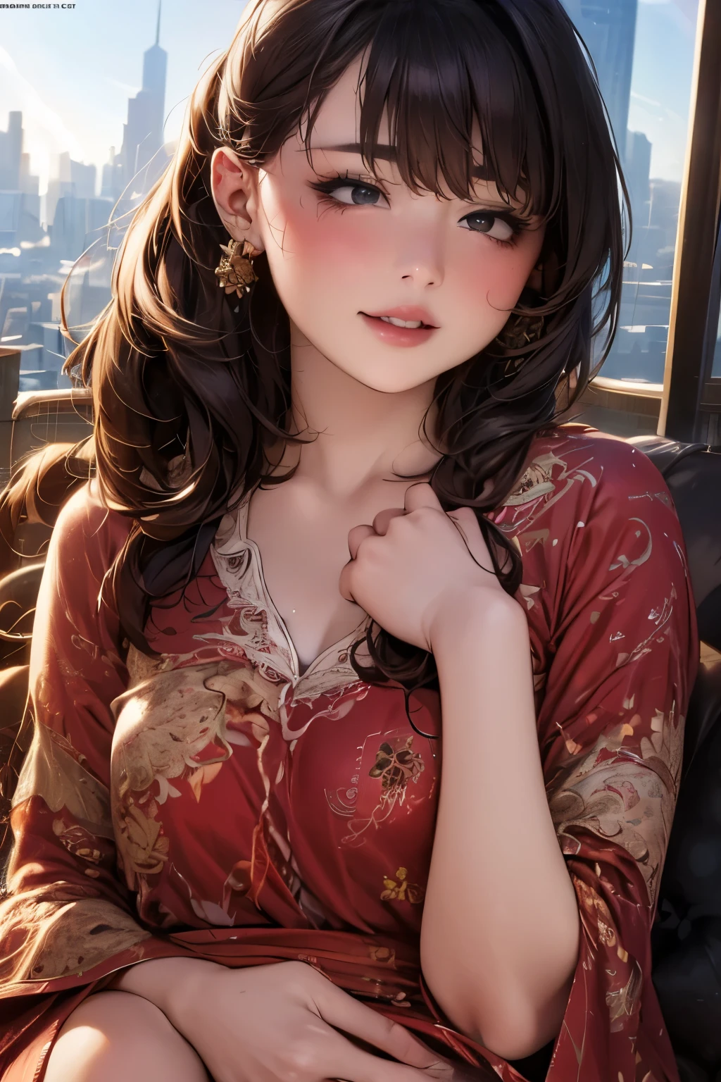 high-definition image, (((round face))), eyes realistic sizing, realistic skin, drooping eyes, smiling, ((various patterned feminine casual long dress)), (strong sunlight, old fashion), skyscrapers, hair up, tiny earrings, touching chest,