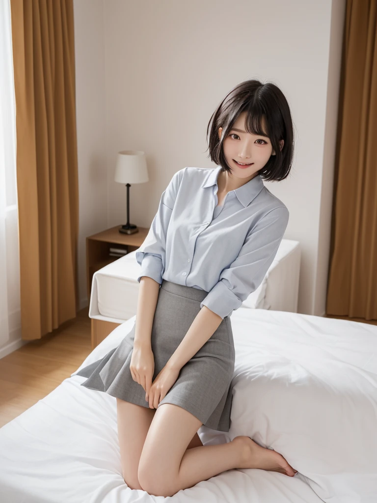 (Highest quality、masterpiece:1.9)、((Neat and clean female college student、1 person))、Soft lighting by a professional photographer、Natural light、((Very spacious white luxurious room:1.6))、((Bright white room:1.6))、(Sitting on a very luxurious white bed:1.2)、(White Bookcase:1.1)、Natural soft light、((Black Hair:1.1))、Fair skin、Detailed Eyes、double eyelid、Slightly puffy cheeks、((Small Face:1.0))、((Checked one-piece shirt、Grey mini skirt、Please wear it with the chest open.:1.2))、(smile)、((Girly pose 1.8))、High resolution,、((Short Bob Cut Hair:1.2))、((Full Body Shot:1.2))、Live-action image quality、((Height: 150cm))、Hands in front、Hide your hands between your legs、(bangs:1.1)、