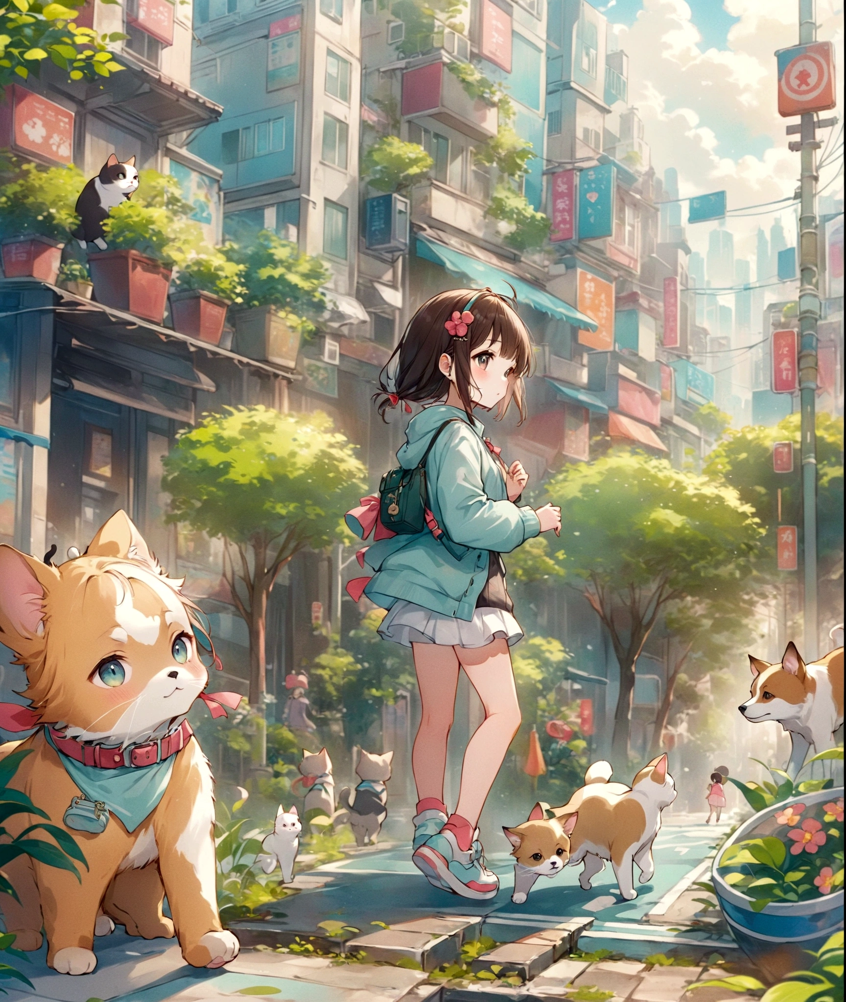 anime girl walking with a cat and a dog on a city street, anime style 4 k, kawacy, anime style illustration, lofi girl, digital anime illustration, lofi artstyle, anime background art, high detailed official artwork, forest city streets behind her, by Yuumei, lofi art, anime art wallpaper 4k, anime art wallpaper 4 k