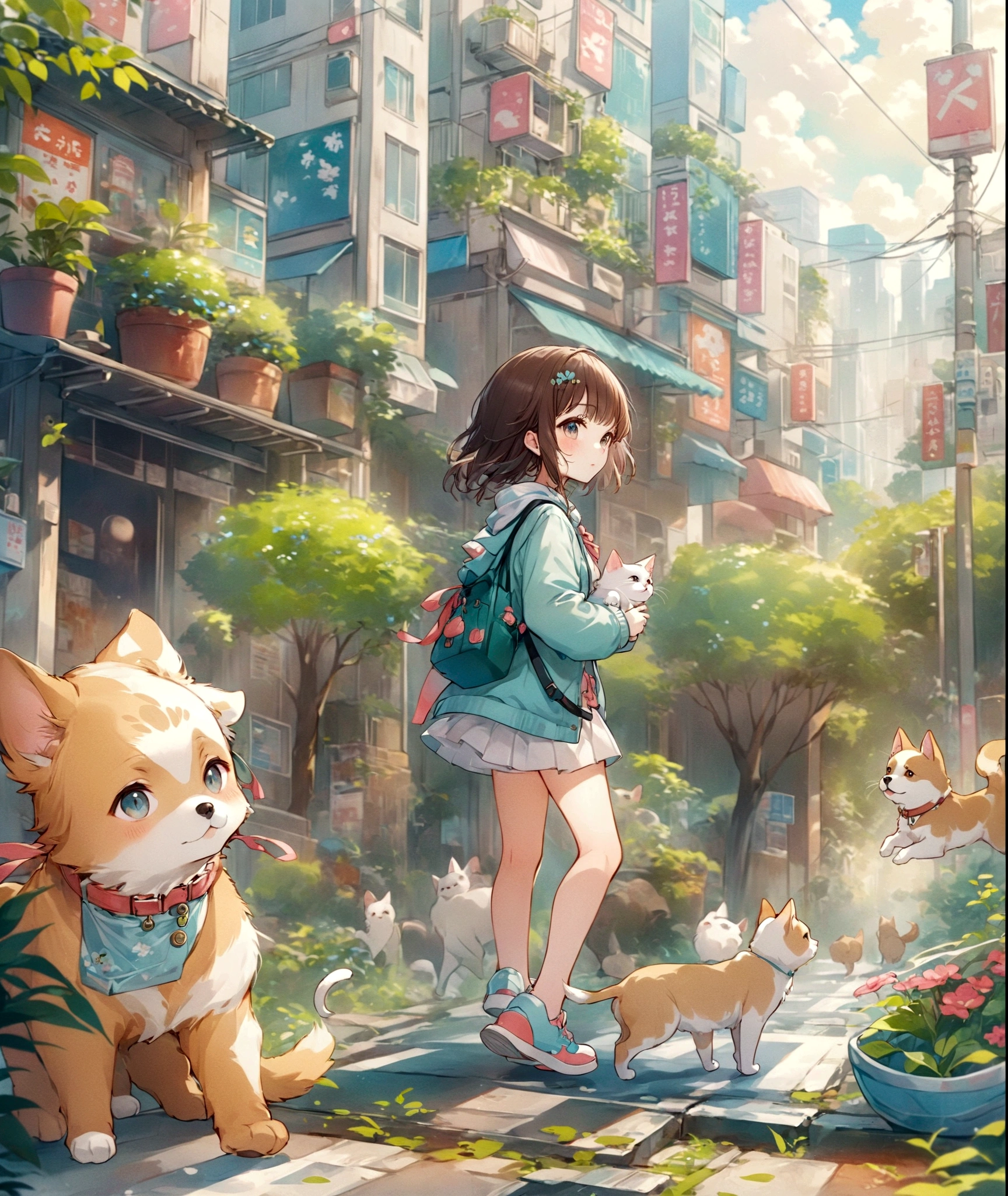 anime girl walking with a cat and a dog on a city street, anime style 4 k, kawacy, anime style illustration, lofi girl, digital anime illustration, lofi artstyle, anime background art, high detailed official artwork, forest city streets behind her, by Yuumei, lofi art, anime art wallpaper 4k, anime art wallpaper 4 k