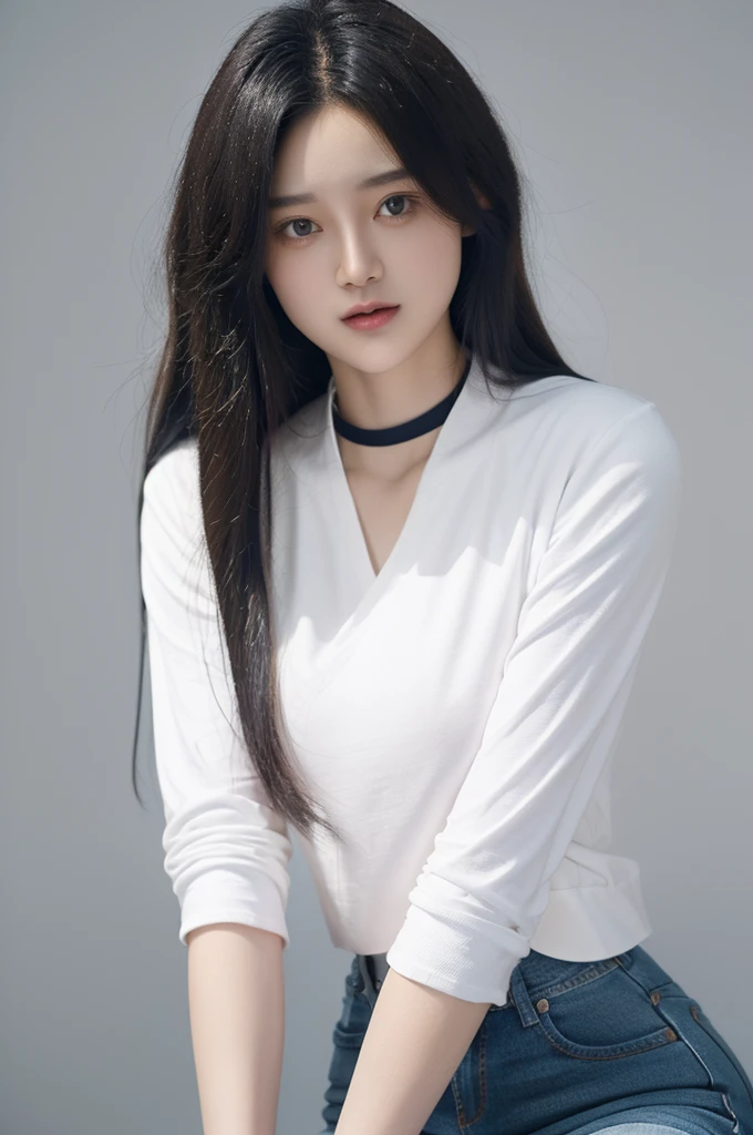 a 20 yo, bob hair, wearing white tshirt and jacket, jeans, soothing tones, muted colors, high contrast, natural skin texture, hyperrealism, soft light, sharp, retro poster as background, Dark Blue. Standing. Closing mouth. Wearing black stocking, Black choker, (White background).