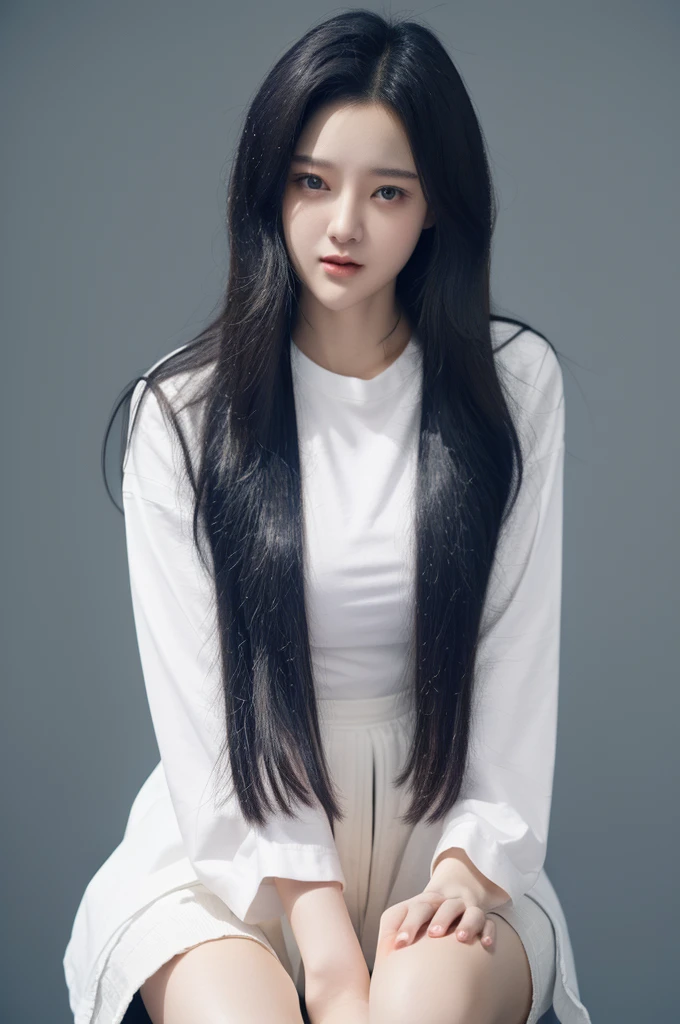 a 20 yo, bob hair, wearing white tshirt and jacket, jeans, soothing tones, muted colors, high contrast, natural skin texture, hyperrealism, soft light, sharp, retro poster as background, Dark Blue. Standing. Closing mouth. Wearing black stocking, Black choker, (White background).