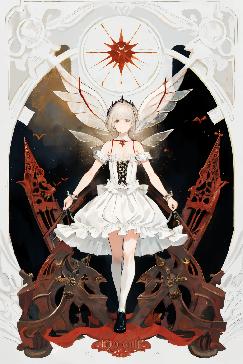  ((best quality)), ((masterpiece)), (detailed), 1girl, Character design, female, dynamic poses, long white grey hair, grey white eyes, very skinny, detailed, best quality, no accesoires around the neck, no shoes, prominent collarbones, skinny arms, flat stomach, visible hip bones, full body, blank white background, plain background, white background, red and white clothing, Bloodborne inspired, occult aesthetic, occult, detailed and intricate steampunk and detailed gothic, NSFW, Very dramatic and cinematic lighting, cosmic horror, grim-dark, side-lighting, perfect face, NSFW, Fluttering lace flared long knee length dress with frilly petticoats, knee length dress, pleated petticoats, petticoats gothic, complex lace boots, side-lighting, gothic aesthetic, wielding a mighty sword with mechanical components, mandalas, small breasts, a fairy, various different types of insect wings, NSFW, full body, whole body, body, plain background, white background, blank background, no background, white background NSFW, chains, full body, whole body, head-to-toe NSFW 