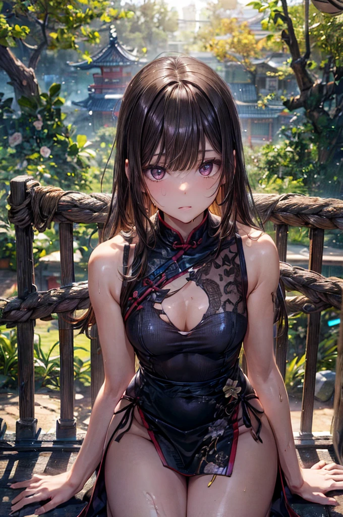 (Perfect Anatomy:1.4,Highest quality、超High resolution、High resolution、Highly detailed CG、8K Unit Wallpaper),Cowboy Shot,Portraiture,1 Female,alone,20 year old beauty,Japanese,((Beautiful attention to detail)),Brown eyes,A painful depiction,,Brown Hair,Long Hair,bangs,((Kneel,Injury,Torn clothes:1.4,Short black Chinese dress、Sleeveless、Deep slit,panties,),kung fu dojo、Natural light、