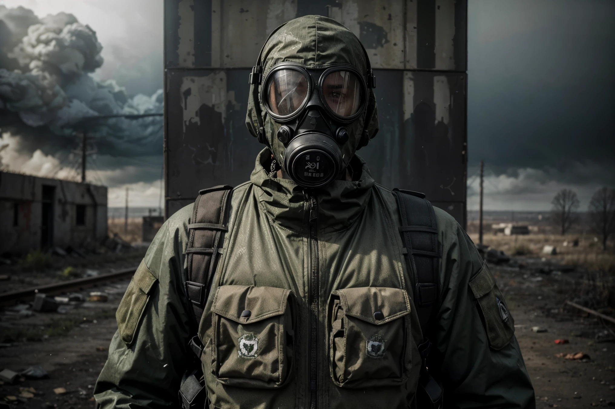 man in gas mask and gas mask holding a gun, heavy bulletproof vest, stalker patch, S.T.A.L.K.E.R., anomaly, USSR, soviet ruins, poison clouds, blood on clothes,