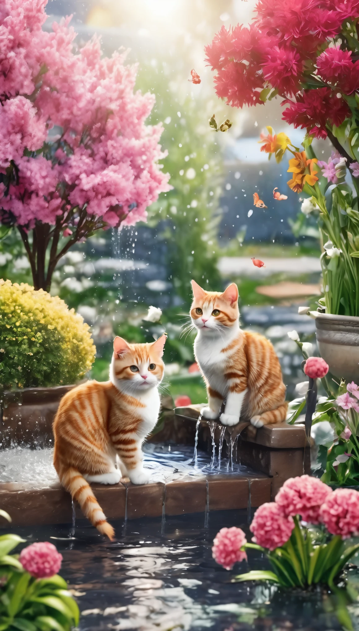 some adorable cats are playing water in the garden with amount flowers and trees in winter season