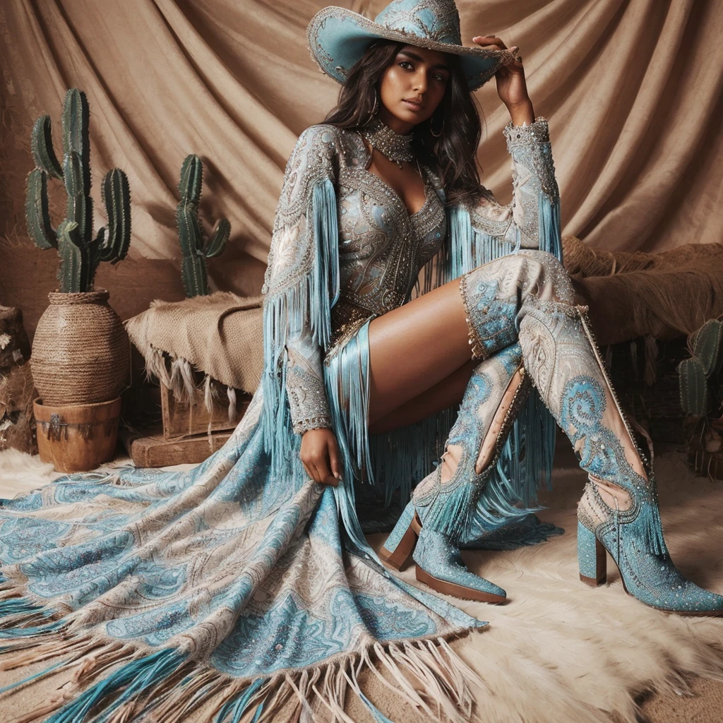 stunning (((brown indian girl))) wearing gorgeous breathtaking pastel blue patterned ((silk crystallised cowgirl)) outfit with (((fringe))), ((chaps)), ((intricate)), matching gorgeous boots, beautiful blue cowgirl hat with fringe matching the outfit, stoned from head to toe encapsulating the beauty of cowgirls in wild west background