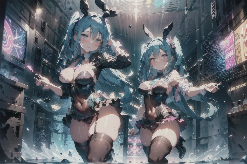 (best quality,4k,8k,highres,masterpiece:1.2),ultra-detailed,realistic:1.37,Hatsune Miku,a seductive Hatsune Miku wearing a playboy bunny costume,playful expression,twinkling blue eyes,flawless skin,rosy cheeks,long turquoise twin tails,huge breasts,detailed lips,pink blush,sparkling lipstick,tantalizing look,glossy nails,vibrant makeup,fishnet stockings,tight black corset,plunging neckline,revealing cleavage,scanty white collar and cuffs,thigh-high boots,sky-high stilettos,neon-lit casino in the background,blinking slot machines,glittering roulette table,excited crowd,atmospheric smoke,splashes of vibrant colors,electrifying music,sensual dance moves,hypnotizing stage lights,faint scent of perfume in the air,overflowing champagne flutes,expensive cocktails,toasting with crystal glasses,endless laughter and celebration.
