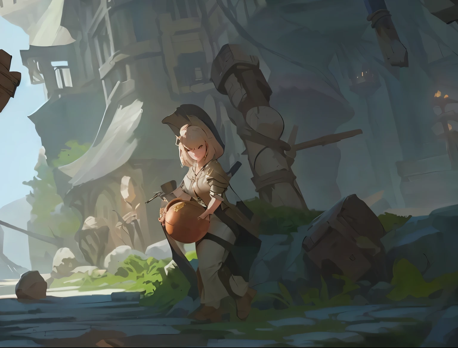 There is a cartoon picture of a woman holding a jar, Illustration Concept Art, Fantasy game art style, 2D Concept Art, 2D Game Fan Art, Digital 2D fantasy art, Concept Art Digital Illustration, 魔幻 2D Concept Art, Artwork in the style of Guweiz, Character ink art, detailed Digital 2D fantasy art, Digital Concept Art