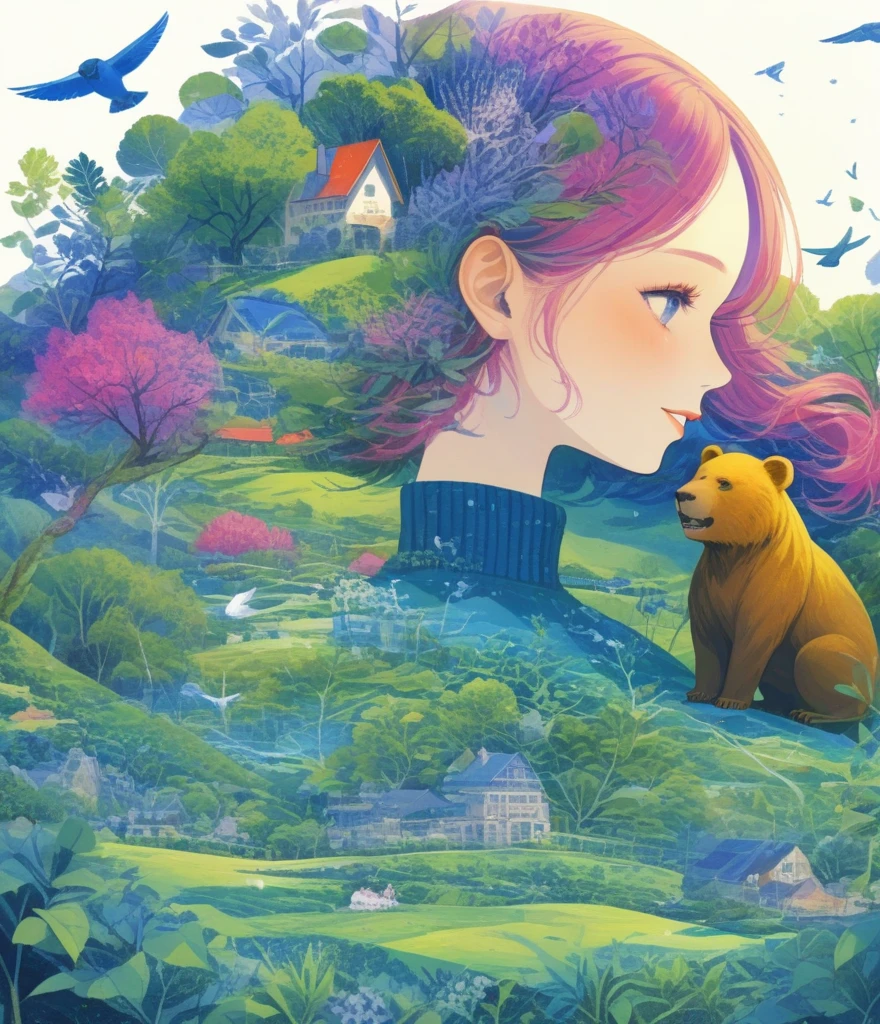 (Panorama, center, masterpiece, Highest quality: 1.2), Fantasy Illustration, Lion, bear, Big Circus, Clown performing magic, Evoke the magic. In purple hues, The background blends in with his hair., Creates an atmosphere of tranquility、Create harmonious compositions that capture the beauty of nature。. This illustration symbolizes the harmony between humans and the environment., Focus on the face，((Ultra high color saturation，Vibrant colors))