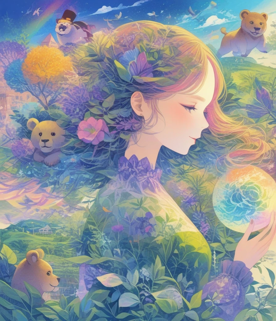(Panorama, center, masterpiece, Highest quality: 1.2), Fantasy Illustration, Lion, bear, Big Circus, Clown performing magic, Evoke the magic. In purple hues, The background blends in with his hair., Creates an atmosphere of tranquility、Create harmonious compositions that capture the beauty of nature。. This illustration symbolizes the harmony between humans and the environment., Focus on the face，((Ultra high color saturation，Vibrant colors))