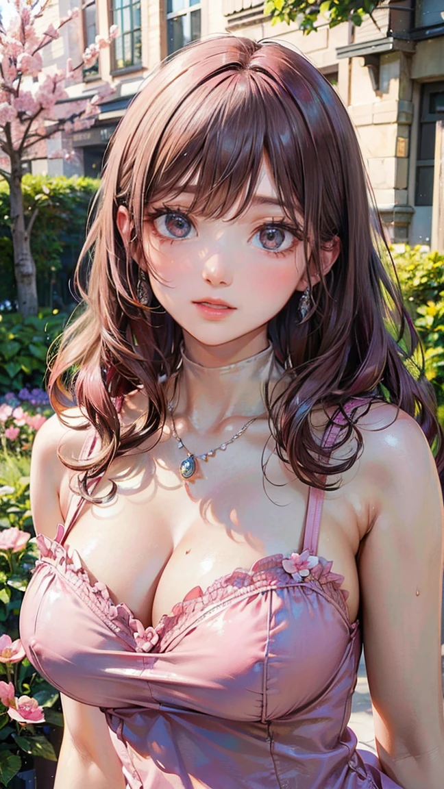 (Masterpiece, BestQuality:1.3), (ultra detailed:1.2), (hyperrealistic:1.3), (RAW photo:1.2), High detail RAW color photo, professional photograph, (Photorealistic:1.4), (realistic:1.4), professional lighting, perfect anatomy, (Big Breasts:1.2), (blush, detailed face), (cheerful Smile:1.5), Trending Hair&Trending Hairカラーをランダムに, earrings, necklace, bracelet, sexy, erotic sexy, Random sexy gravure poses, (A sexy beauty in a pink dress、She is smiling and posing sexy in a spring flower garden.。Pink long wavy hair。:1.3)