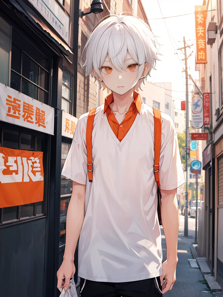 Summer Clothes High  Boys Handsome Inner Color white Hair Blur Backgroundorange Eyes Short Sleeved Shirt Piercings Center Parted Hairstyle