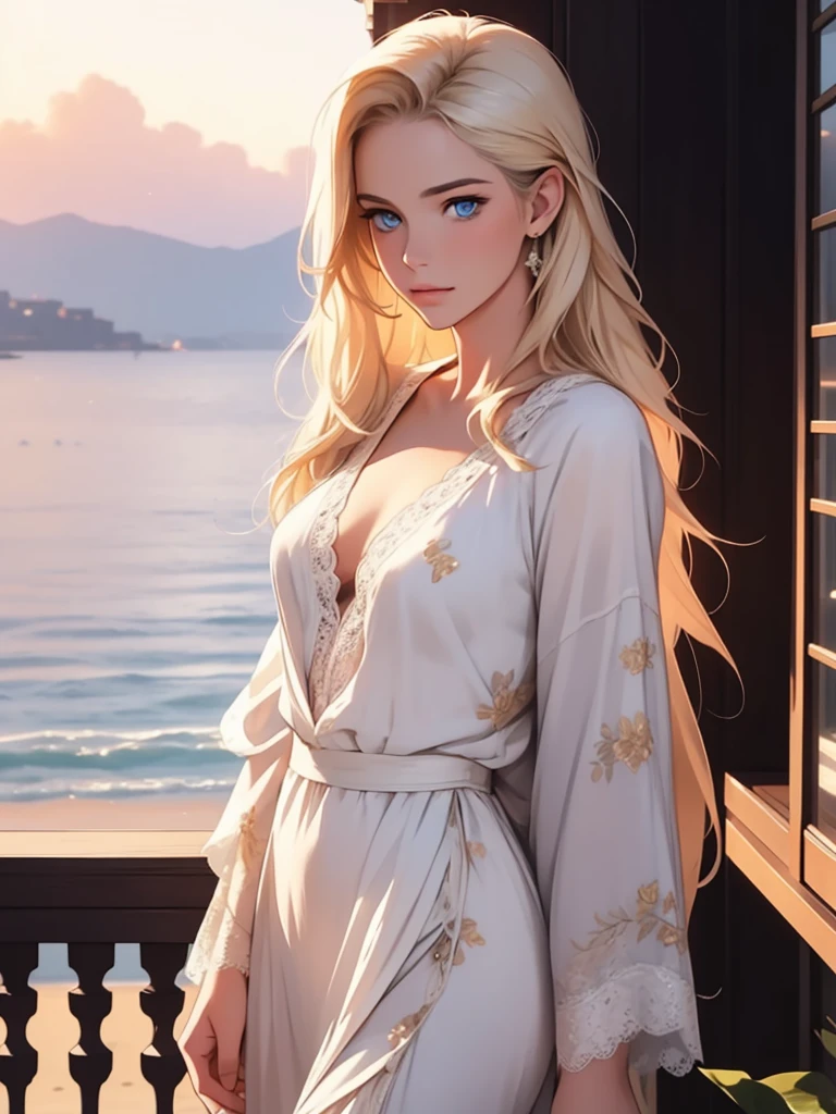 Early morning, sunrise, light breeze, on the balcony of a luxury hotel there is an Incredibly beautiful young femme fatale blonde with blue eyes, long golden hair, she is wearing a beautiful silk lace pajamas, romantic appearance, Sunrise. the ocean breeze. Masterpiece, beautiful face, beautiful facial features, perfect image, realistic photos, full-length image, 8k, detailed image, extremely detailed illustration, a real masterpiece of the highest quality, with careful drawing. glow. In full growth.
